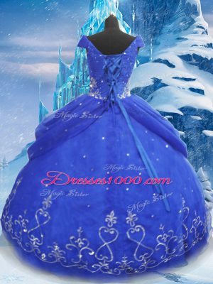 Blue Short Sleeves Floor Length Beading and Appliques Lace Up Sweet 16 Dress