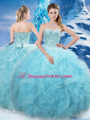 Chic Aqua Blue Ball Gowns Tulle Sweetheart Sleeveless Beading and Pick Ups Floor Length Lace Up Sweet 16 Dress