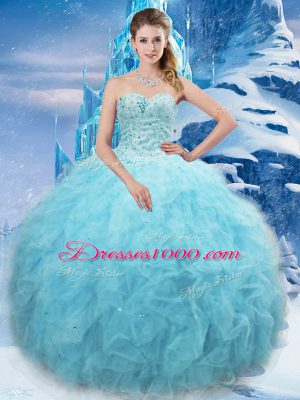 Chic Aqua Blue Ball Gowns Tulle Sweetheart Sleeveless Beading and Pick Ups Floor Length Lace Up Sweet 16 Dress