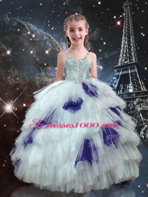 Sleeveless Tulle Floor Length Lace Up Little Girl Pageant Dress in White with Beading and Ruffled Layers