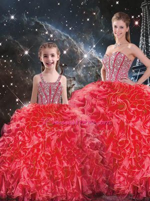 Custom Made Floor Length Lace Up Vestidos de Quinceanera Coral Red for Military Ball and Sweet 16 and Quinceanera with Beading and Ruffles
