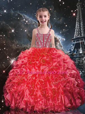 Custom Made Floor Length Lace Up Vestidos de Quinceanera Coral Red for Military Ball and Sweet 16 and Quinceanera with Beading and Ruffles