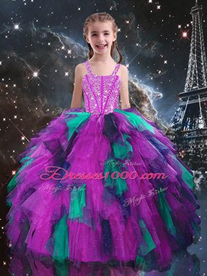 Floor Length Ball Gowns Sleeveless Fuchsia Girls Pageant Dresses Lace Up