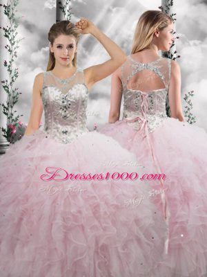 Great Baby Pink Lace Up 15th Birthday Dress Beading and Ruffles Sleeveless Floor Length