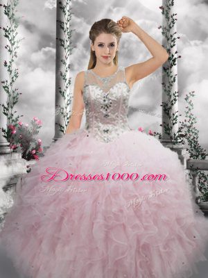 Great Baby Pink Lace Up 15th Birthday Dress Beading and Ruffles Sleeveless Floor Length