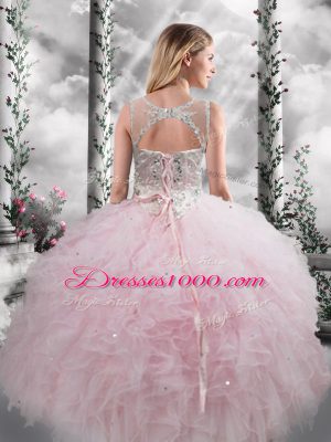 Great Baby Pink Lace Up 15th Birthday Dress Beading and Ruffles Sleeveless Floor Length