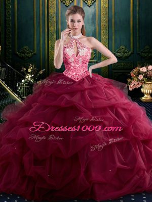 Custom Made Tulle Halter Top Sleeveless Lace Up Beading and Ruffles and Pick Ups Vestidos de Quinceanera in Wine Red