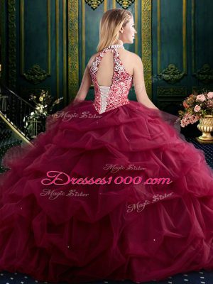 Custom Made Tulle Halter Top Sleeveless Lace Up Beading and Ruffles and Pick Ups Vestidos de Quinceanera in Wine Red