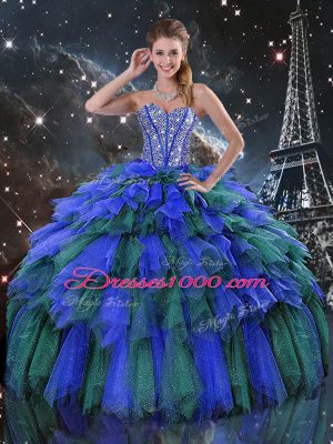 Multi-color Lace Up Quince Ball Gowns Beading and Ruffles and Ruffled Layers Sleeveless Floor Length