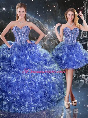 Lovely Blue Quince Ball Gowns Military Ball and Sweet 16 and Quinceanera with Beading and Ruffles Sweetheart Sleeveless Lace Up