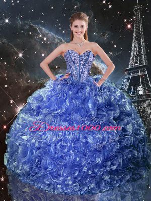 Lovely Blue Quince Ball Gowns Military Ball and Sweet 16 and Quinceanera with Beading and Ruffles Sweetheart Sleeveless Lace Up