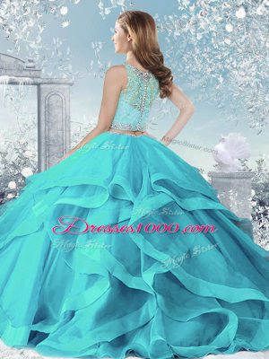 Aqua Blue Ball Gowns Organza Scoop Sleeveless Beading and Ruffles Floor Length Clasp Handle 15th Birthday Dress