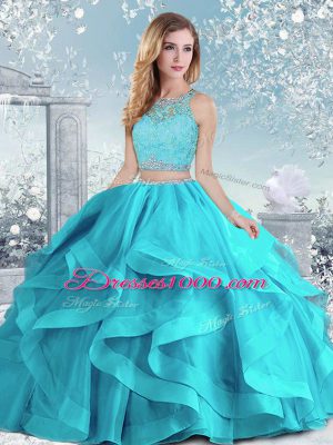 Aqua Blue Ball Gowns Organza Scoop Sleeveless Beading and Ruffles Floor Length Clasp Handle 15th Birthday Dress