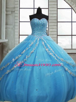 Captivating Baby Blue Ball Gowns Tulle Sweetheart Sleeveless Beading and Appliques and Sequins Floor Length Lace Up Quinceanera Gowns