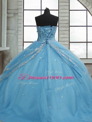 Captivating Baby Blue Ball Gowns Tulle Sweetheart Sleeveless Beading and Appliques and Sequins Floor Length Lace Up Quinceanera Gowns