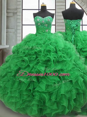 Beading and Ruffles Quinceanera Dresses Green Lace Up Sleeveless Floor Length