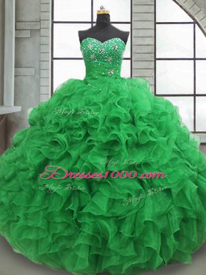 Beading and Ruffles Quinceanera Dresses Green Lace Up Sleeveless Floor Length