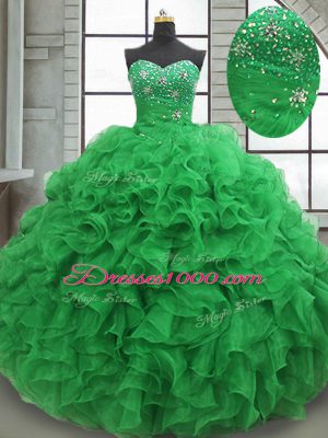 Beading and Ruffles Quinceanera Dresses Green Lace Up Sleeveless Floor Length