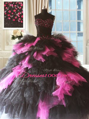 Admirable Three Pieces 15 Quinceanera Dress Pink And Black Sweetheart Tulle Sleeveless Floor Length Lace Up