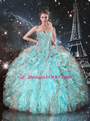 Aqua Blue Lace Up Sweet 16 Dresses Beading and Ruffles Sleeveless Floor Length