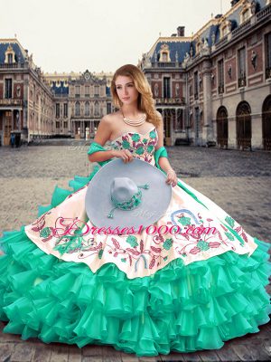 Turquoise Quinceanera Dresses Military Ball and Sweet 16 and Quinceanera with Embroidery and Ruffled Layers Sweetheart Sleeveless Lace Up