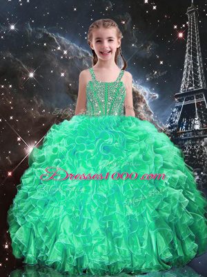 Apple Green Spaghetti Straps Neckline Beading and Ruffles Little Girl Pageant Gowns Sleeveless Lace Up