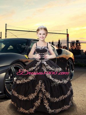 Glorious Black Ball Gowns Spaghetti Straps Sleeveless Taffeta Floor Length Lace Up Embroidery and Ruffled Layers Kids Formal Wear