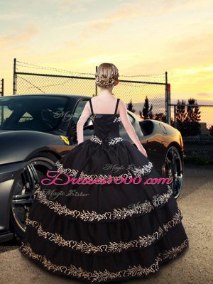 Glorious Black Ball Gowns Spaghetti Straps Sleeveless Taffeta Floor Length Lace Up Embroidery and Ruffled Layers Kids Formal Wear