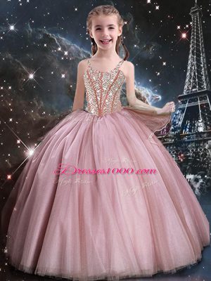 Superior Sleeveless Tulle Floor Length Lace Up Flower Girl Dresses in Baby Pink with Beading