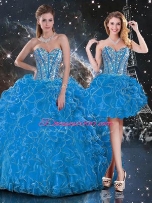 Luxury Sweetheart Sleeveless 15 Quinceanera Dress Floor Length Beading and Ruffles Baby Blue Organza