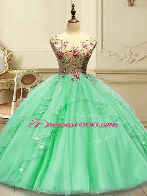 Ideal Green Quinceanera Dresses Military Ball and Sweet 16 and Quinceanera with Appliques Scoop Sleeveless Lace Up