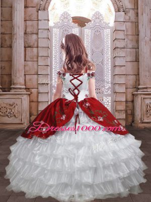 Excellent Taffeta Spaghetti Straps Sleeveless Lace Up Embroidery and Ruffled Layers Kids Formal Wear in White And Red