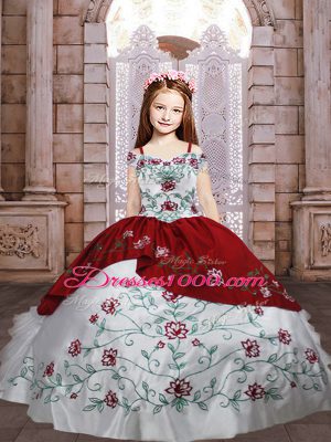 Excellent Taffeta Spaghetti Straps Sleeveless Lace Up Embroidery and Ruffled Layers Kids Formal Wear in White And Red