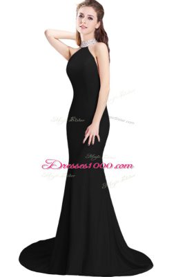 Gorgeous Sleeveless Elastic Woven Satin Brush Train Side Zipper Prom Gown in Black with Beading