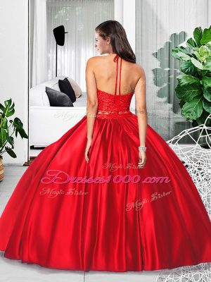 Custom Designed Taffeta Halter Top Sleeveless Zipper Lace and Ruching Quinceanera Dress in Wine Red