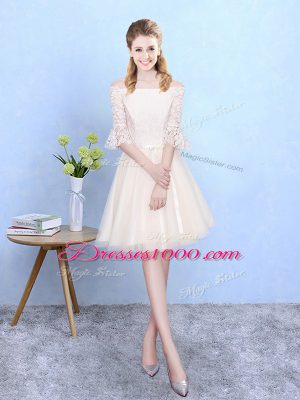 Sumptuous Off The Shoulder Half Sleeves Lace Up Bridesmaid Dress Champagne Tulle