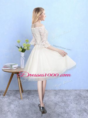 Sumptuous Off The Shoulder Half Sleeves Lace Up Bridesmaid Dress Champagne Tulle