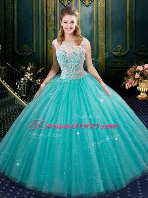 Aqua Blue Ball Gowns Tulle High-neck Sleeveless Lace Floor Length Zipper 15th Birthday Dress