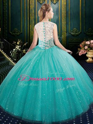 Aqua Blue Ball Gowns Tulle High-neck Sleeveless Lace Floor Length Zipper 15th Birthday Dress