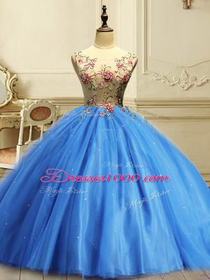 Scoop Sleeveless 15 Quinceanera Dress Floor Length Appliques and Sequins Baby Blue Tulle