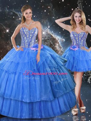 Baby Blue Lace Up Sweetheart Ruffled Layers and Sequins Sweet 16 Dress Organza Sleeveless