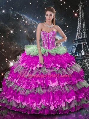 Multi-color Lace Up Sweetheart Beading and Ruffles Vestidos de Quinceanera Organza Sleeveless