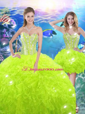 Top Selling Floor Length Lace Up 15 Quinceanera Dress Yellow Green for Military Ball and Sweet 16 and Quinceanera with Beading and Ruffles