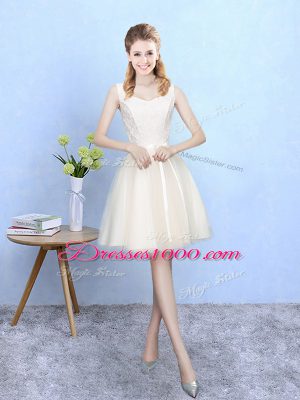 Champagne Sleeveless Knee Length Lace Lace Up Bridesmaid Dresses