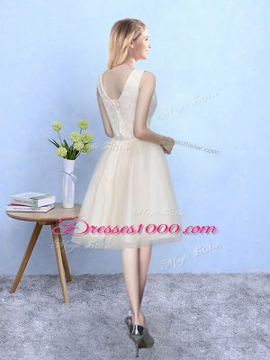 Champagne Sleeveless Knee Length Lace Lace Up Bridesmaid Dresses