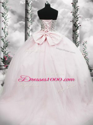 Pink Sleeveless Tulle Brush Train Lace Up Sweet 16 Dress for Military Ball and Sweet 16 and Quinceanera