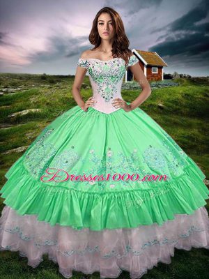 Super Sleeveless Taffeta Floor Length Lace Up Quinceanera Gown in Green with Beading and Embroidery and Ruffled Layers
