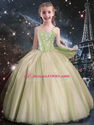 Fashion Yellow Green Tulle Lace Up Straps Sleeveless Floor Length Flower Girl Dresses Beading