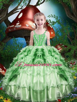 Fashion Apple Green Ball Gowns Organza Straps Sleeveless Beading and Ruffles and Ruffled Layers Floor Length Lace Up Girls Pageant Dresses