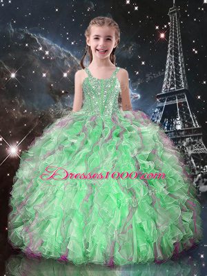 Fashion Apple Green Lace Up Pageant Gowns For Girls Beading and Ruffles Sleeveless Floor Length